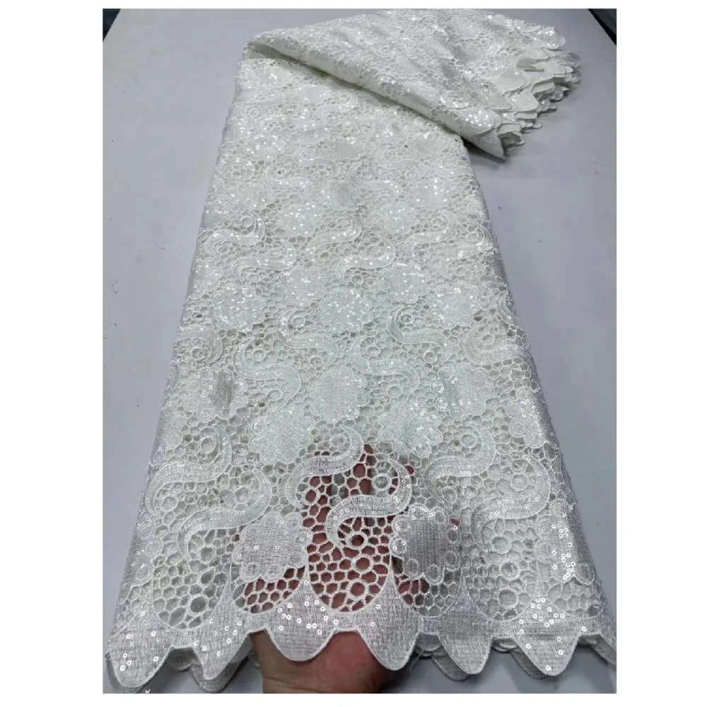 

African Lace Fabric 2022 High Quality Sequins French Net Lace Tulle Mesh Fabrics Pure White 3D Lace For Wedding Party LY1427