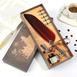 Vintage Calligraphy Feather Dip Pen Set with Ink - Creative Retro Writing Stationery (Red Set A)