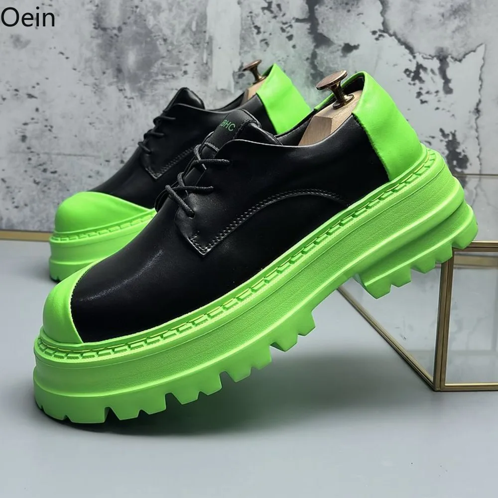 Mens Round Toe Genuine Leather Wingtips Platform Lace Up Chunky Heel Derby Shoes British Styles