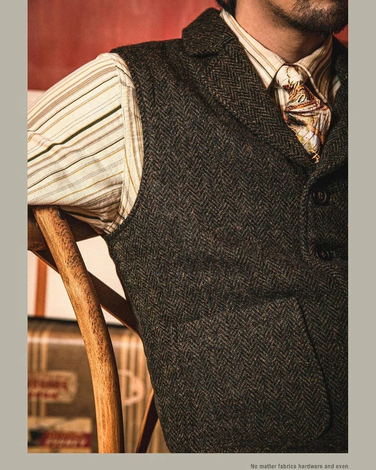 Vintage-Wollweste im amerikanischen Stil, schwere Tweed-Wolle, Fischgrätenmuster, Amekaji-Weste – Detail 7