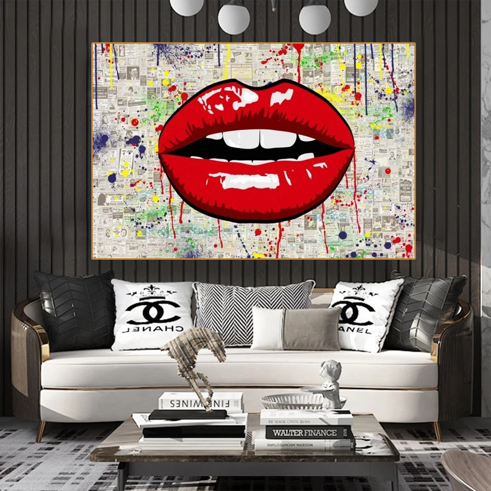 

Modern Lip Graffiti Poster Abstract Wall Art Printmaking Colored Red Lip Art Living Room and Home Decor Fashion Painting Gifts