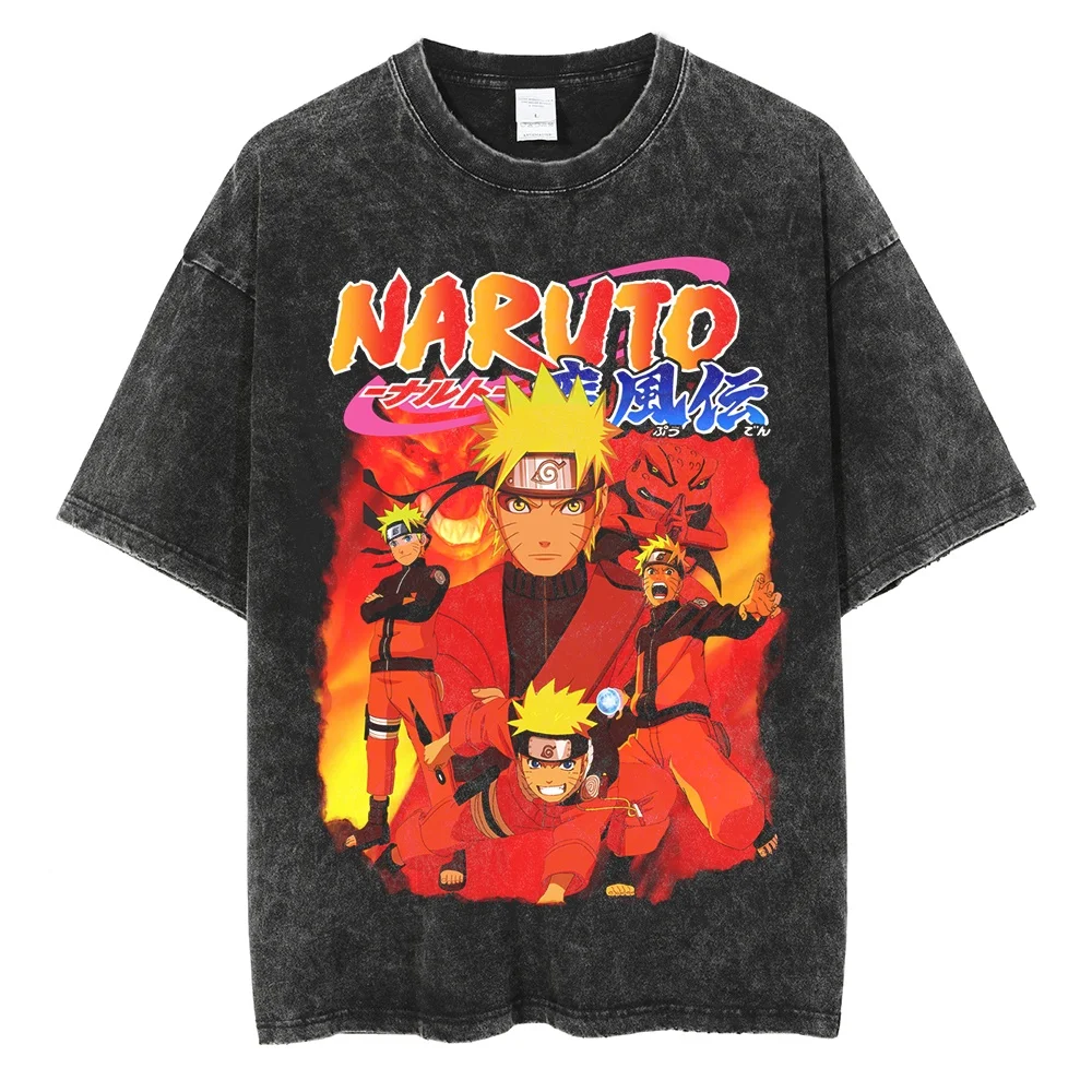 

Men Streetwear Vintage Black Tshirt Harajuku Anime Naruto Print T-Shirt Summer Short Sleeve Cotton Loose Washed Tops Tees