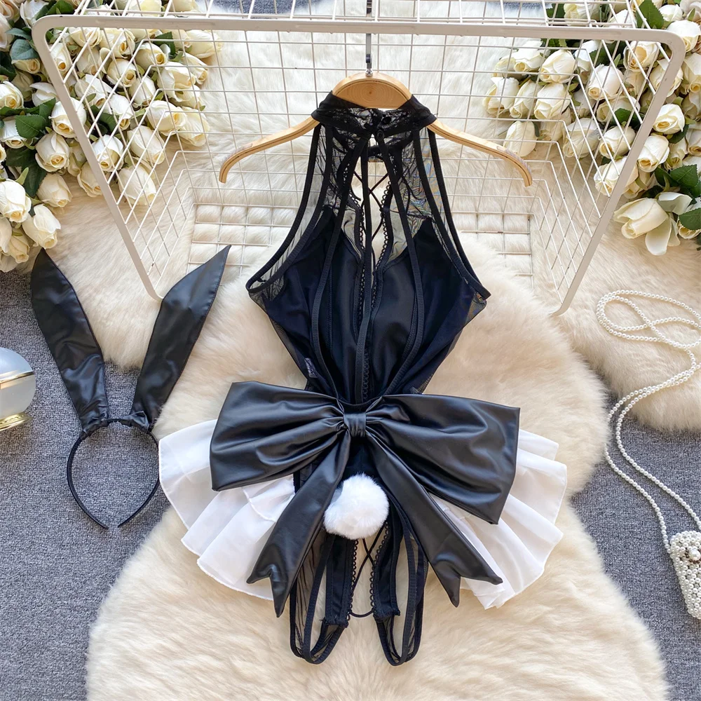 Sexy Sleeveless Halter Neck Leather Patchwork Lace Mesh Skirt Slim Fitting Pajama Jumpsuit Hotsweet Cosplay Bunny Girl Bodysuit