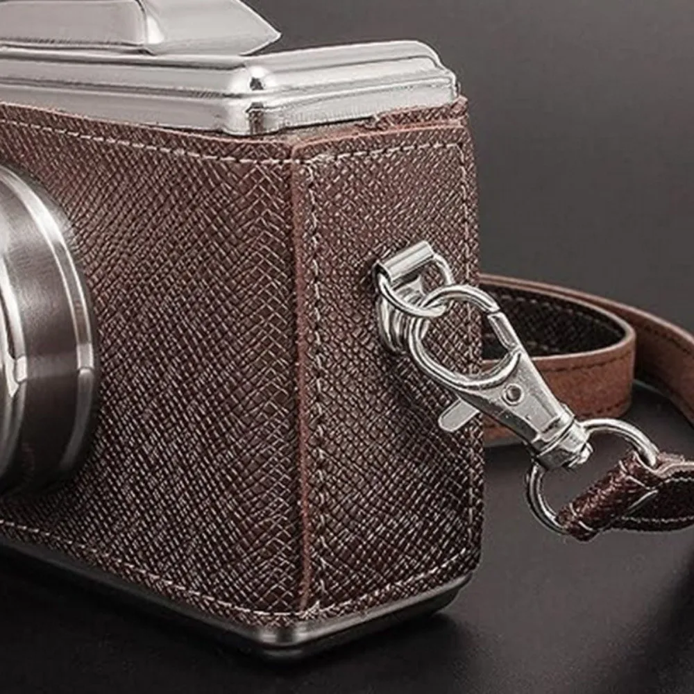 스테인리스 스틸 카메라 모양 힙 플라스크 탈부착 가능한 스트랩 위스키 용기 병 누수 방지 11온스 325ml 위스키 플라스크