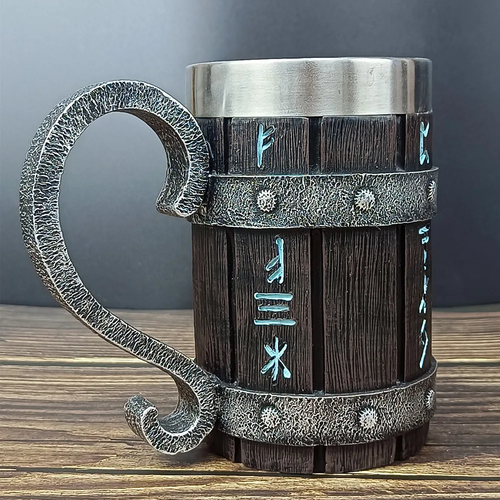 

304 Stainless Steel Wooden Texture Creative Beer Mug Tankard Resin Imitation Decor Stein Coffee Cup Men Gift 600ml