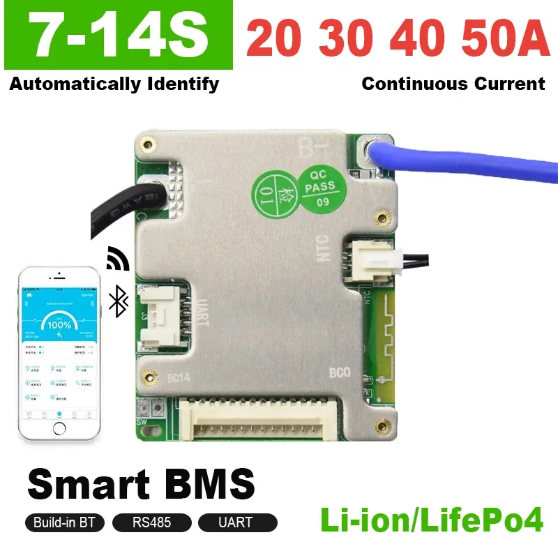 JBD Smart BMS 7-14S Automized Identify 24V 36V 48V 20A 30A 40A 50A Built-in BT UART NTC Li-ion LiFePo4 Balanced Board For E-Bike