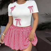Plus size vacation spring and summer Spice Girls Plaid Butterfly Knot Short Sleeve Pod Skirt Slim Set Fashion - Image 4