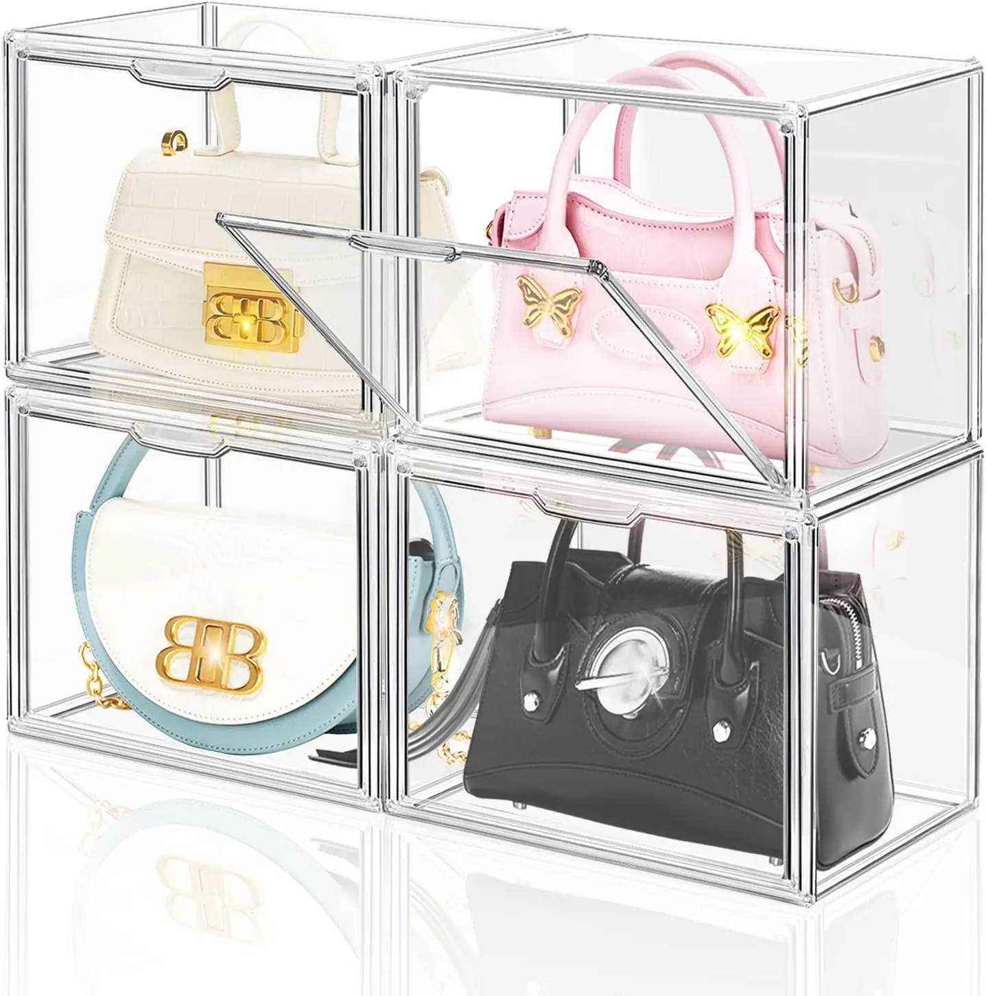 

DILIBRA 4 Packs Clear Plastic Handbag Storage Organizer for Closet, Acrylic Display Box for Handbag, Stackable Storage Boxes Bag