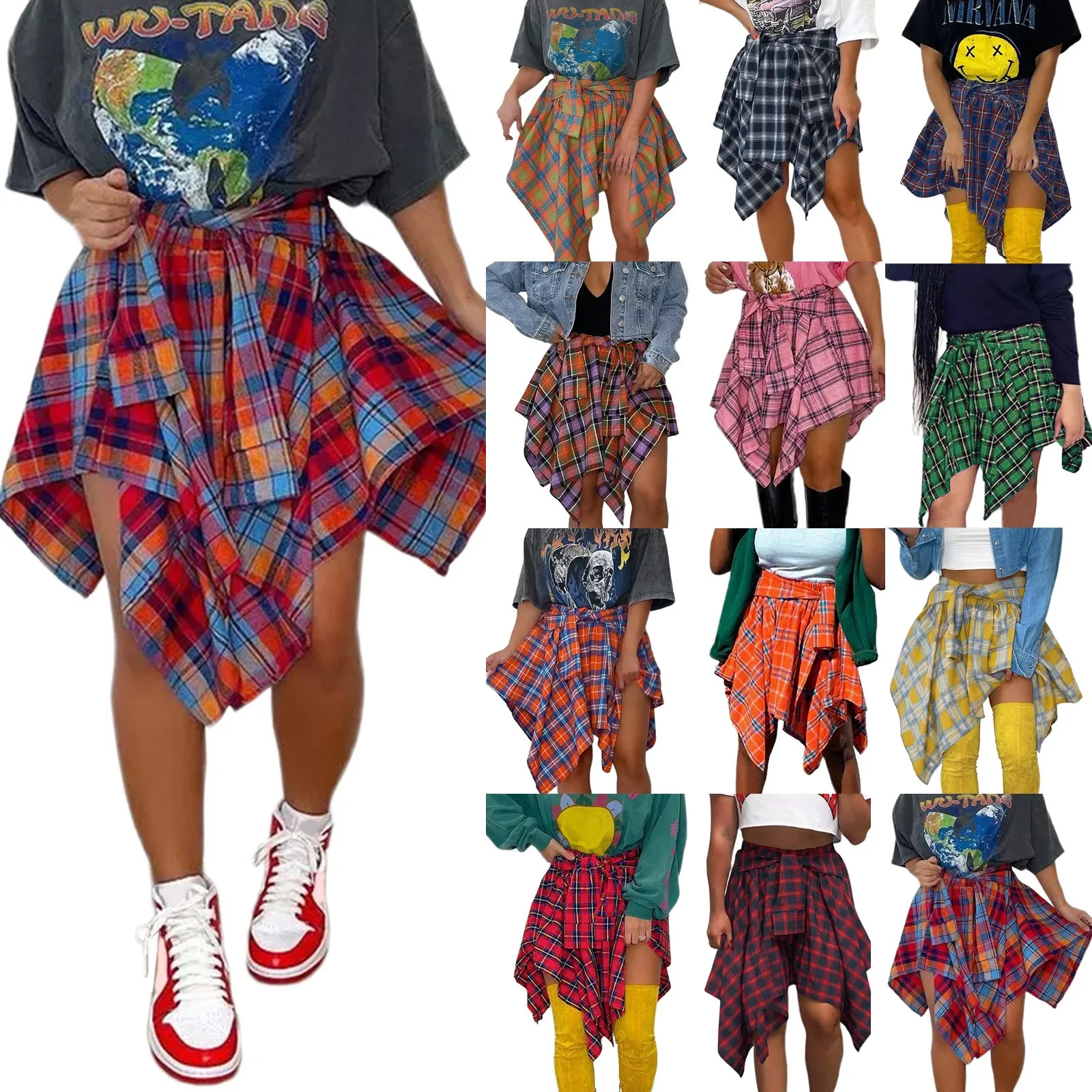 Женская Повседневная юбка в клетку с поясом, юбка с разрезом и асимметричным подолом, длинные юбки для девочек с эластичным поясом, Размер 10-12, хлопок