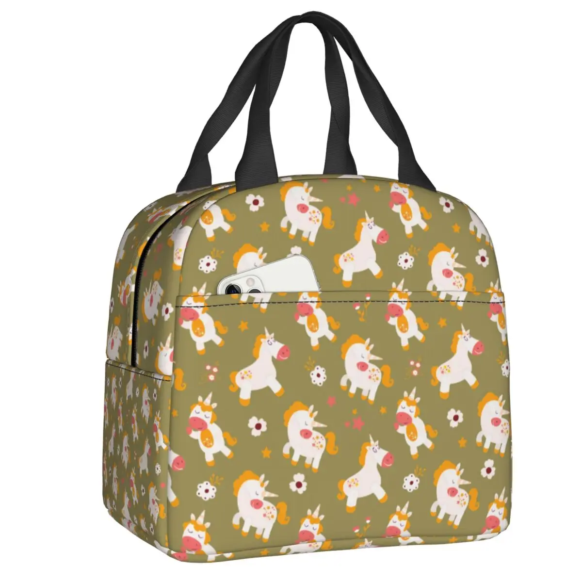 

Custom Vintage Unicorn Flowers Pattern Lunch Bag Men Women Warm Cooler Insulated Lunch Box for Kids School