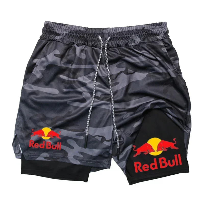 Mens 2-in-1 Red Bull Sports Shorts - Quick-Dry Breathable Running Underwear M-3XL