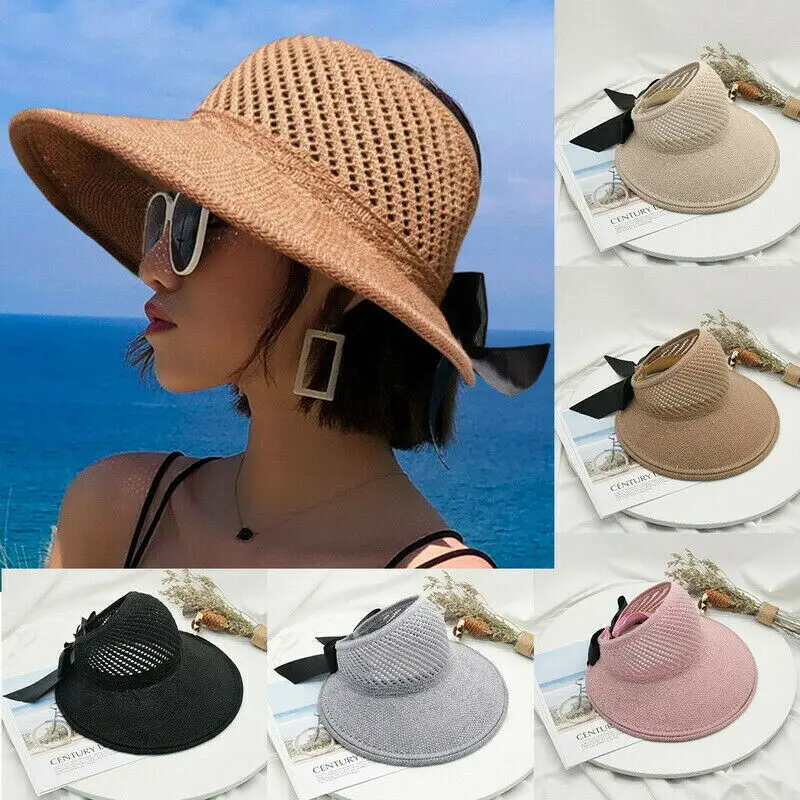 Womens Ladies Summer Wide Brim Foldable Sun Hat Anti-UV Beach Visor Caps  Empty Top Straw Hat Fashion Bow-knot Breathable Sun Cap - AliExpress