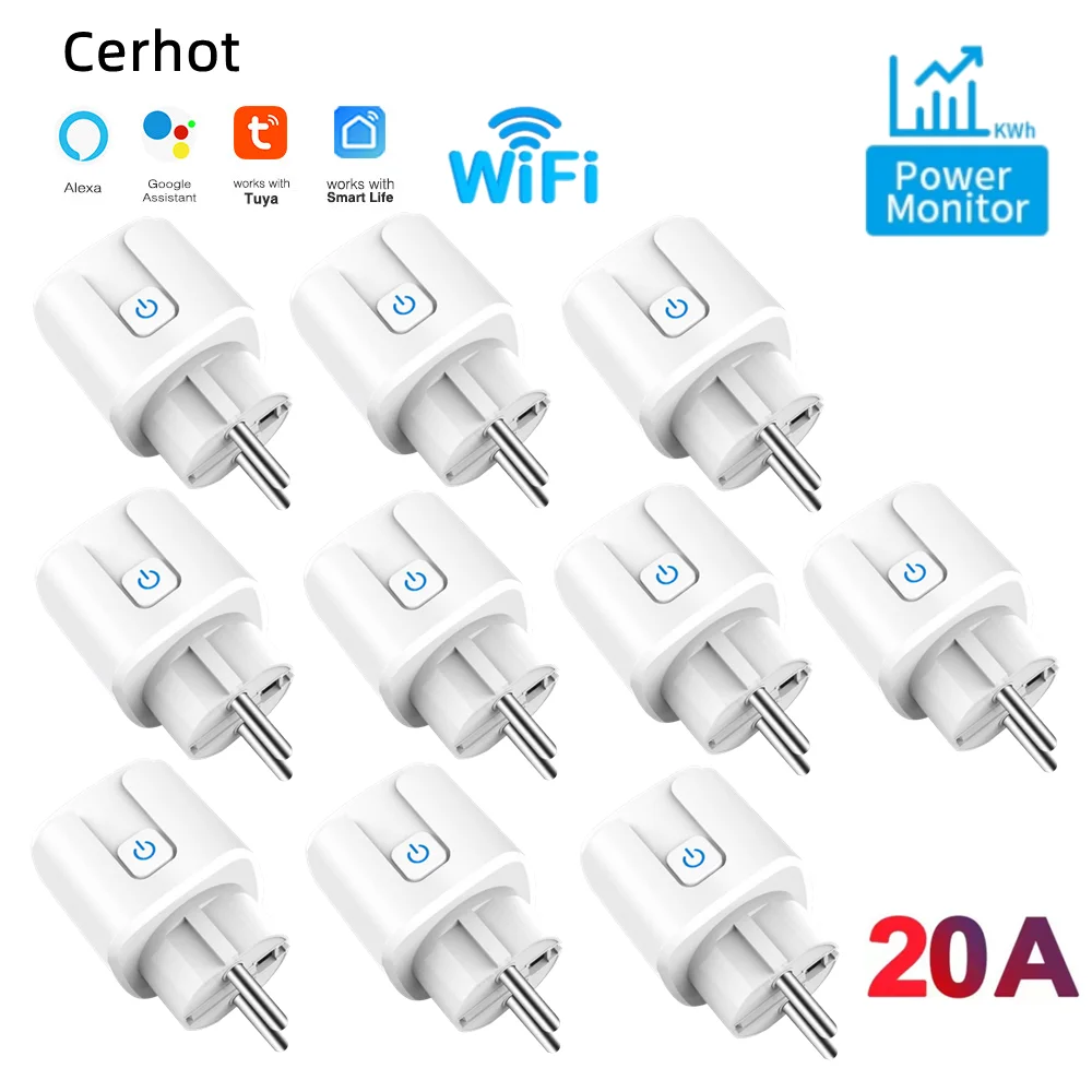 Cerhot Tuya WiFi Smart Plug EU 20A with Power Monitor Remote Control Google Assistant Alexa Yandex Alice Voice Control Wifi Plug