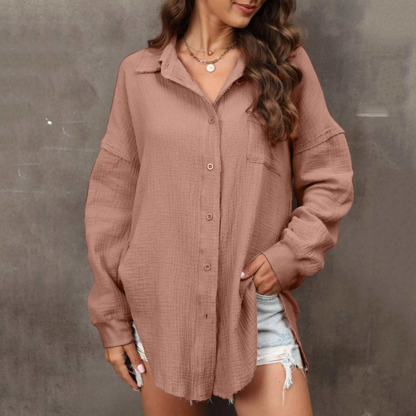 

Womens Spring And Summer New Lapel Shirt Solid Color Loose Button Pockets Splicing Versatile Lantern Sleeve Cardigan Tops 2024