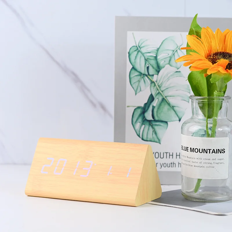 Alarm Clock Fashion Wooden Triangle Wood Battery USB Charger Home