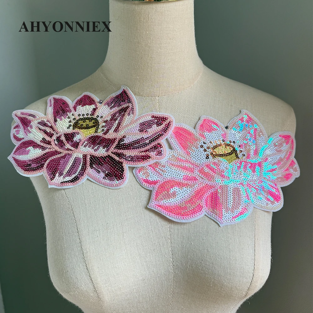 1 Stück 20 cm Lotusblüten-Patch, Stickerei, modische Kleidung, Applikation, DIY-Kleidung, Dekoration, zum Aufbügeln, Pailletten, Patches für Kleidung