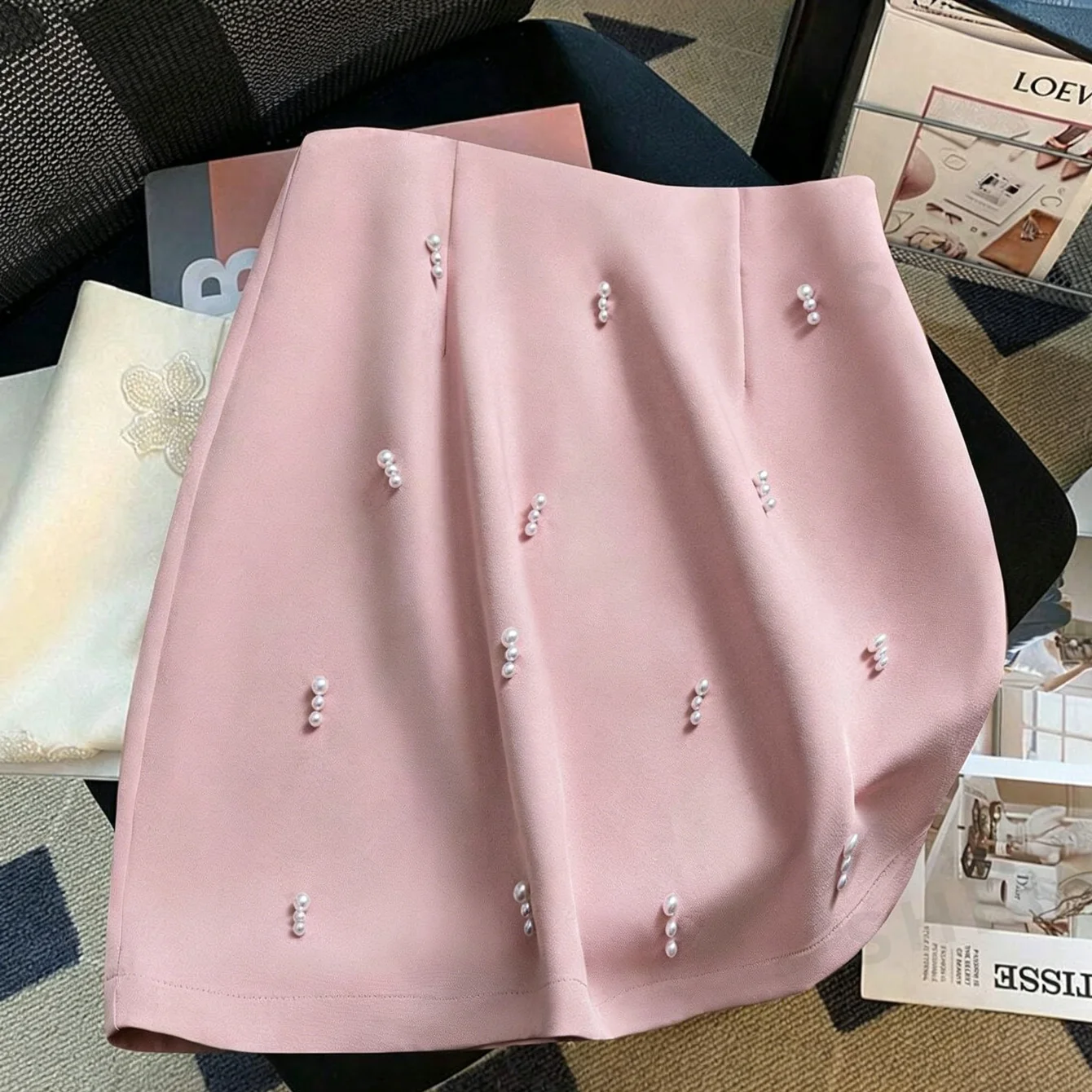 Women's MID Waist Pearl A-Line Mini Skirt - Elegant Office Pencil Skirt with Pearl Detail, Casual & Formal Wear 1