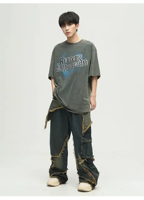 Vintage Star Patch Jeans Men Women Y2K Grunge Patchwork Oversized 