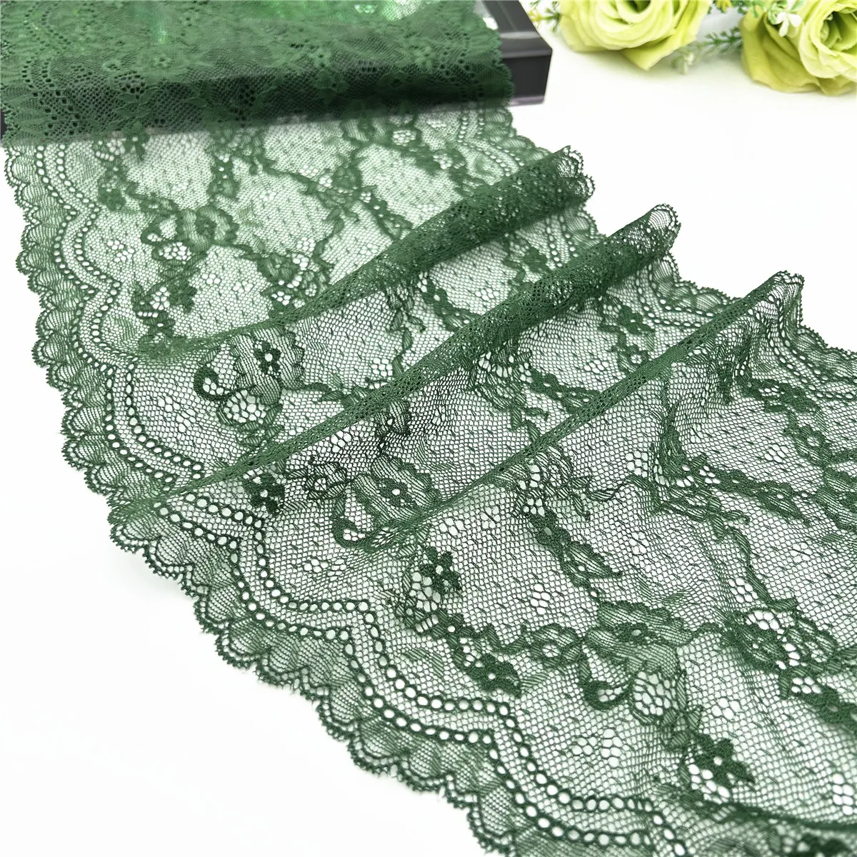3y/lot Width 21cm Dark Green Elastic StretchLace Trim 4