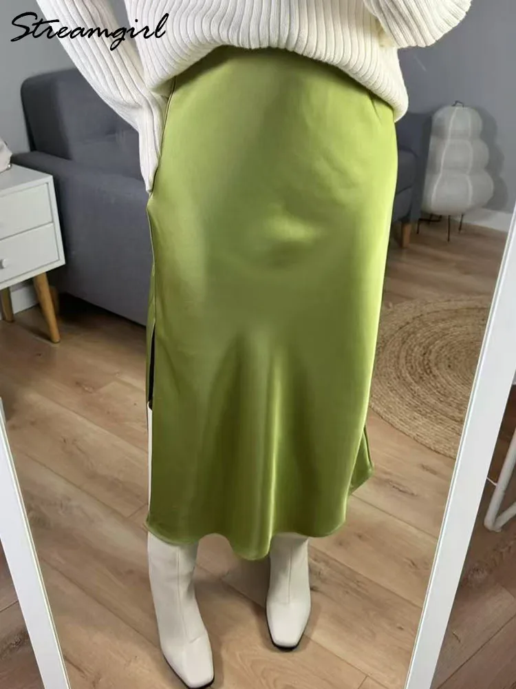 Streamgirl Luxury Satin Slit Skirts For Women Midi 2025 Spring A Line Solid Green Skirts Formal Lady Office Women's Midi Skirts 6