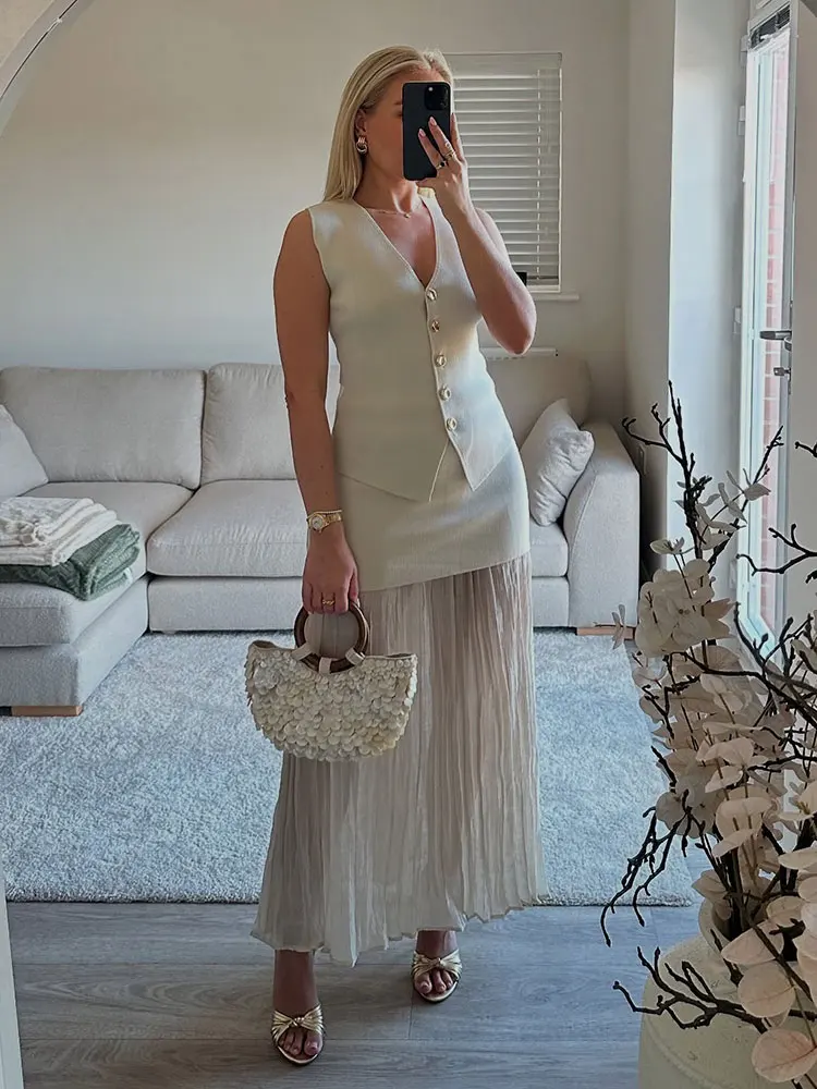 HH Women Fashion Knitted Vest Skirts Sets Single-Breasted V Neck Vests Tops Folded Splicing Midi Skirt Office Lady Suits