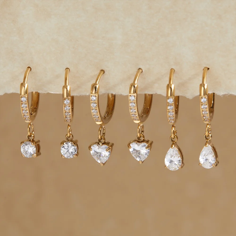 316l Stainless Steel Circle Round Hoop Earrings Heart Waterdrop Crystal Pendant Sparkling Zircon Huggie Earring Classic Jewelry