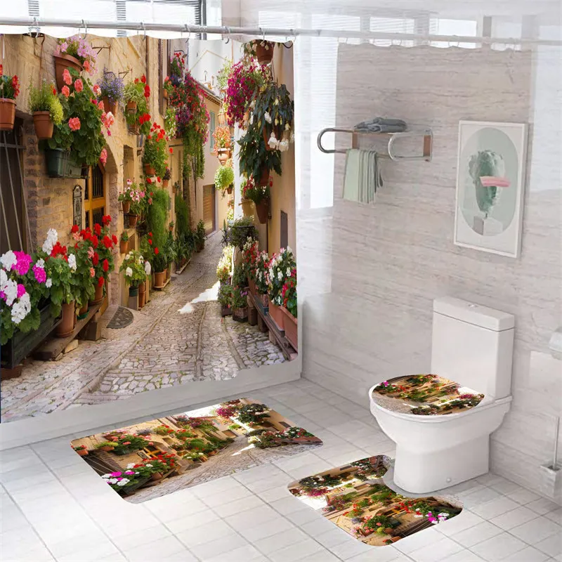

European Nature Scene Floral Shower Curtain Italian View of Old Mediterranean Street Fabric Shower Curtain Set With Rugs Carpet