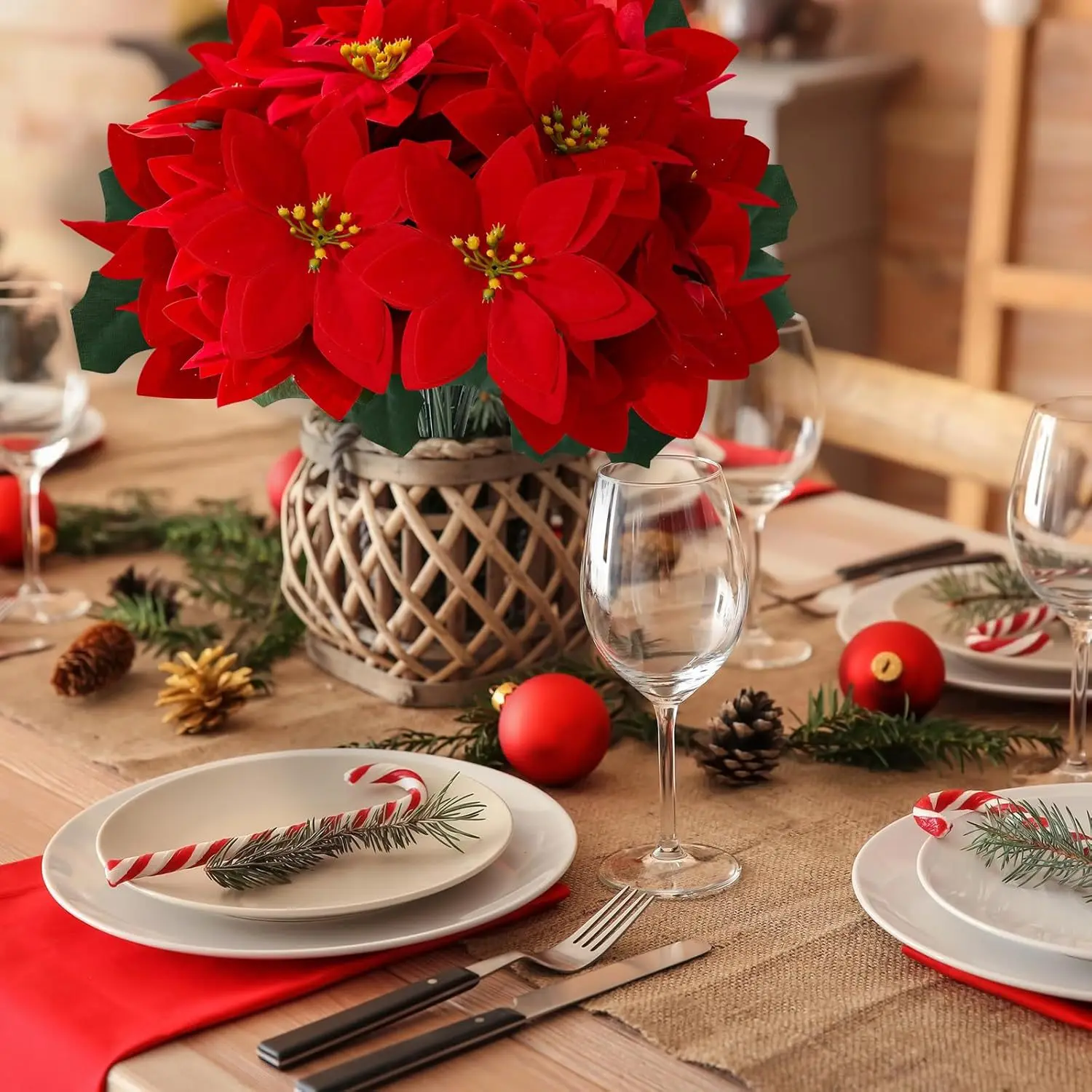 2 Stück künstlicher Weihnachtsstern-Blumenstrauß, 5 Köpfe, Weihnachtsstern-Busch, Weihnachtsblumen, Veranda, Hausgarten, drinnen und draußen, Weihnachtsdekorationen – Detail 3