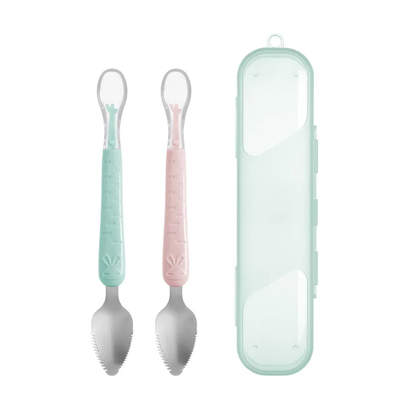 Baby Silicone Soft Spoon Stainless Steel Double Head Mud Scraping Fruit Mud Spoon Feeding Complementary Food silicone feeding spoon silicone cutlery set baby cutlery