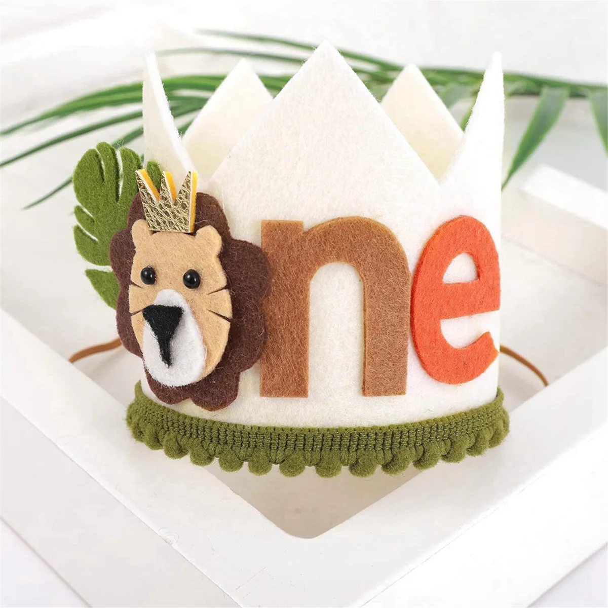1 Year Old Kids Avocado Green Lion Birthday Crown First Baby Party White Non Woven Safari B 2