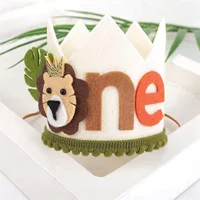 1 Year Old Kids Avocado Green Lion Birthday Crown First Baby Party White Non Woven Safari B 2