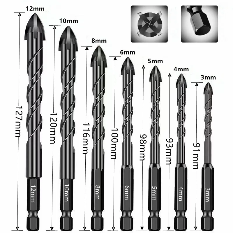 Tile Drilling Drill Bit Glass Cement Concrete Metal Marble Special High Hardness Four-Edged Alloy Drill Bit Dry Drilling 5-12mm