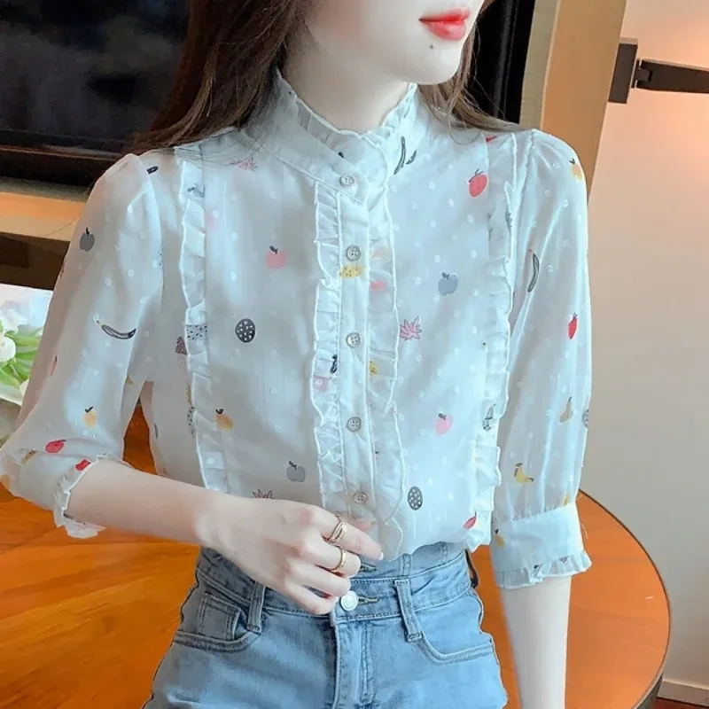 Women's Sweet Floral Print Chiffon Blouse Half Sleeve Tops Casual Clothes Edible Tree Fungus Collar White Summer 27476
