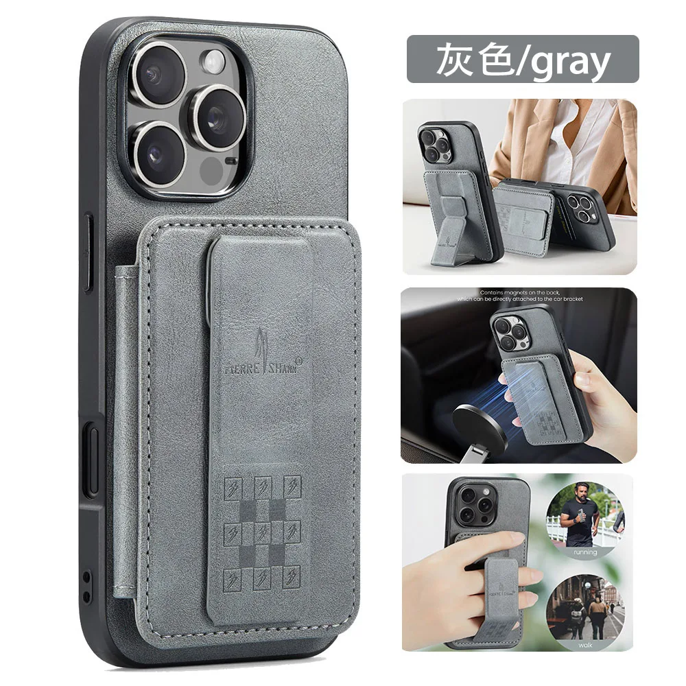 Leather Wallet Card Holder Case with Foldable Hand Band & Magnetic Ring Stand