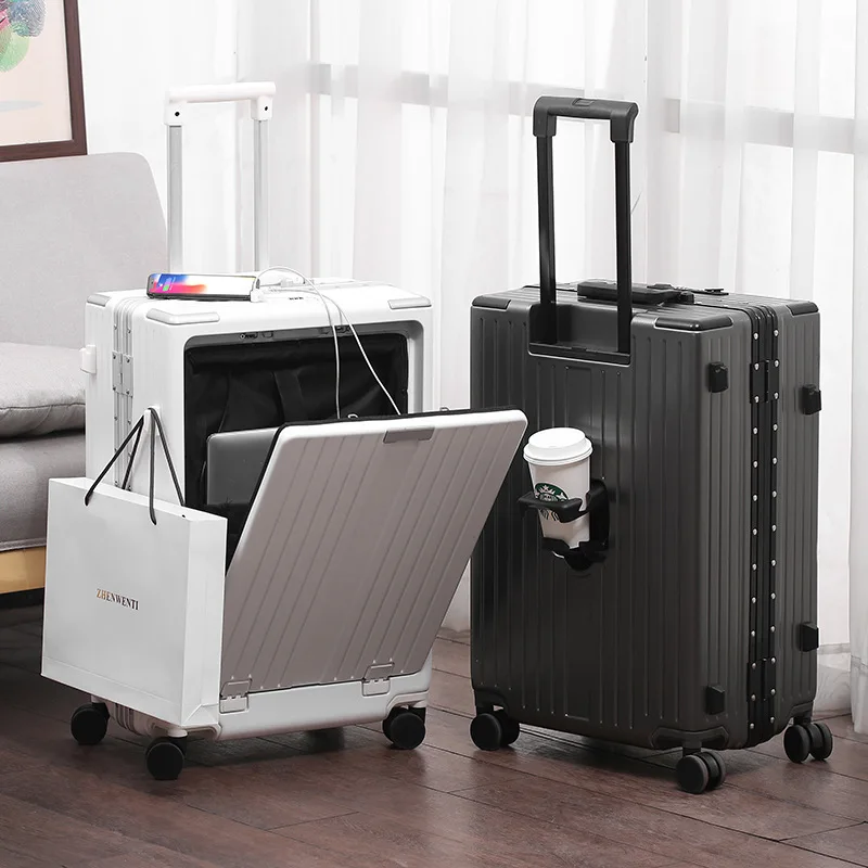 New front opening features pull rod case with foldable cup holder charging USB Travel case TSA