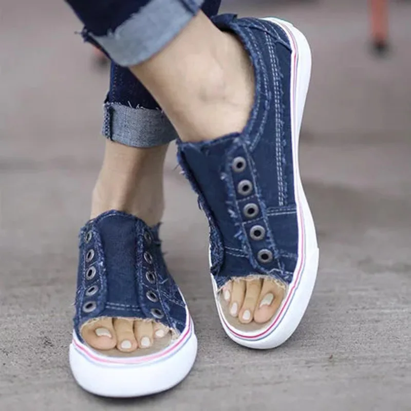 White Korean Style Flat Heels Canvas Shoes Women Vulcanized Shoes Fashion Peep Toe Women's Sandal