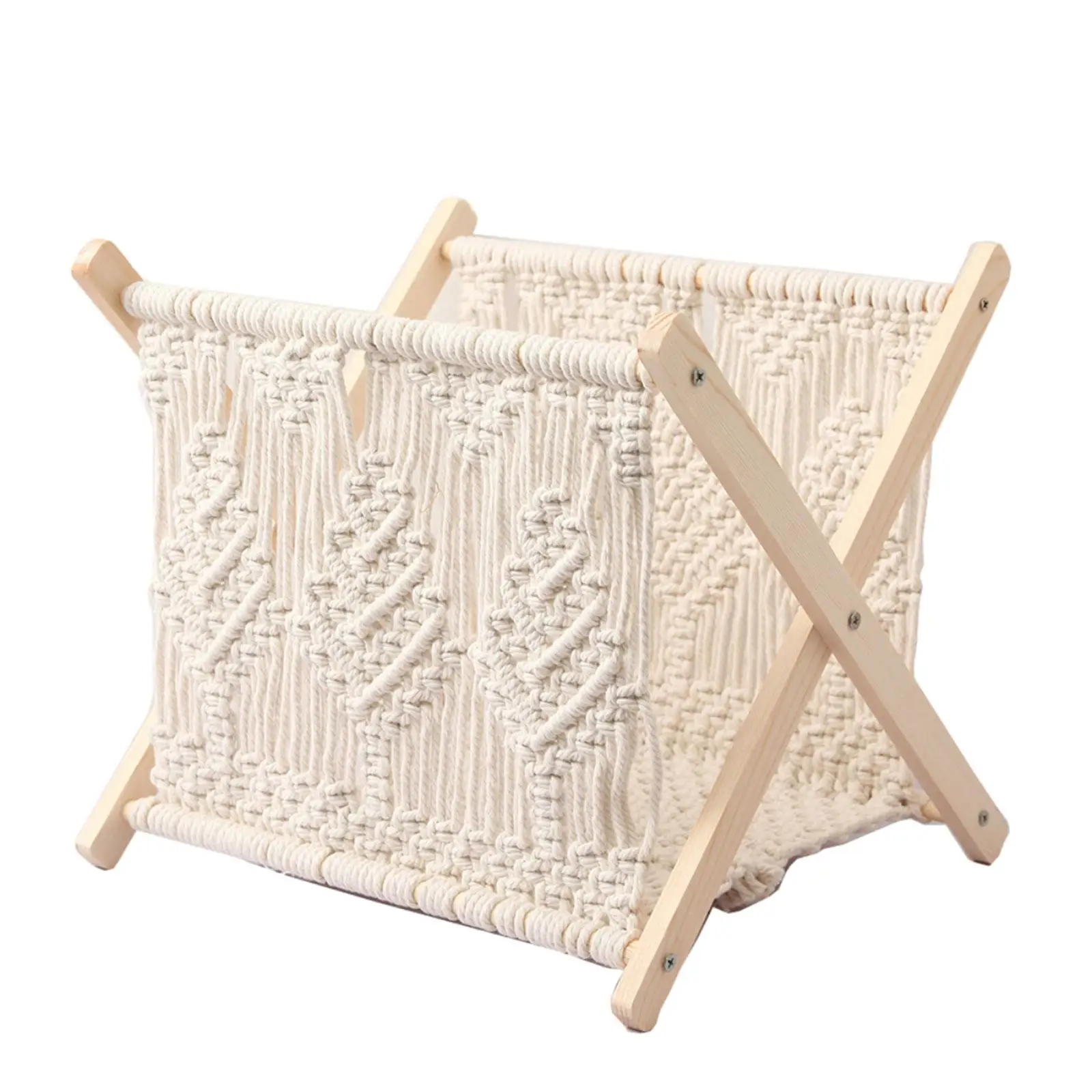 Macrame Magazine Rack Book Display Stand Organizer Wooden Rack Home Decor for Desktop Office Living Room Bedroom Nursery