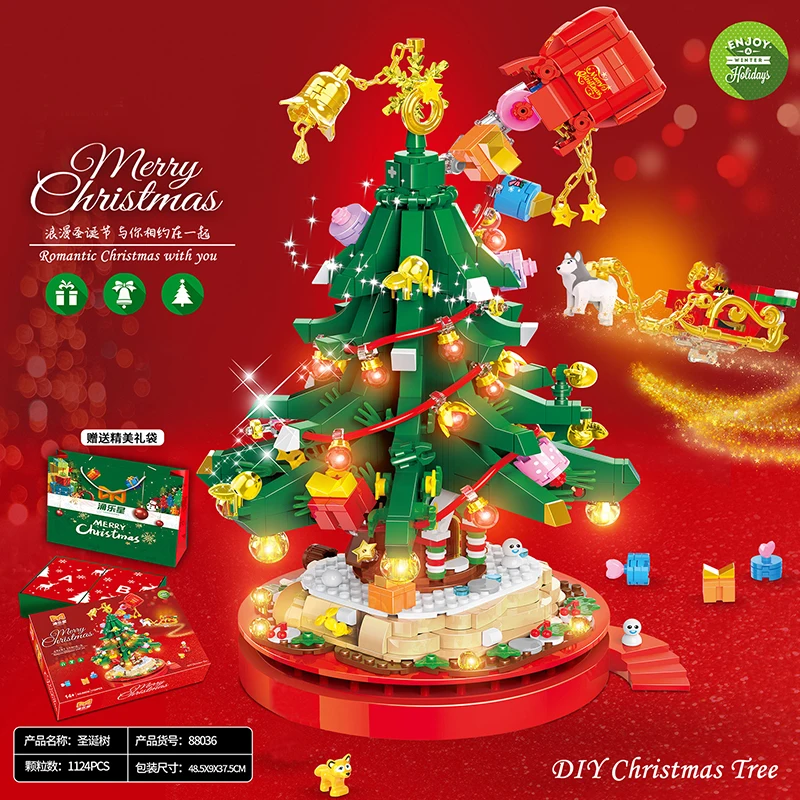 

Winter Christmas Village Creative Rotate The Christmas Tree Music Box Table Decoration Micro Building Blocks Bricks Toys Gifts