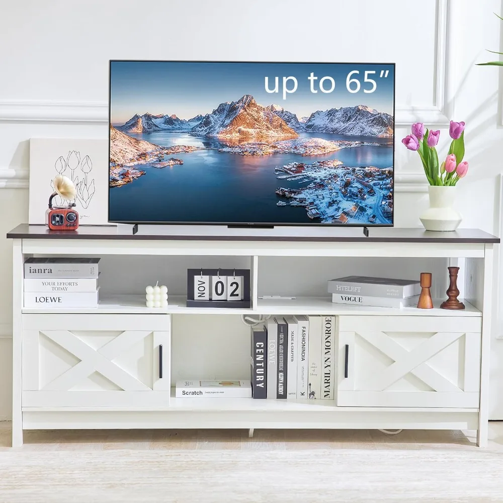 Rustic White Farmhouse TV Stand, Entertainment Center with Power Outlets for TVs up to 65 Inch, Mid Century Modern TV Cabinet, 2