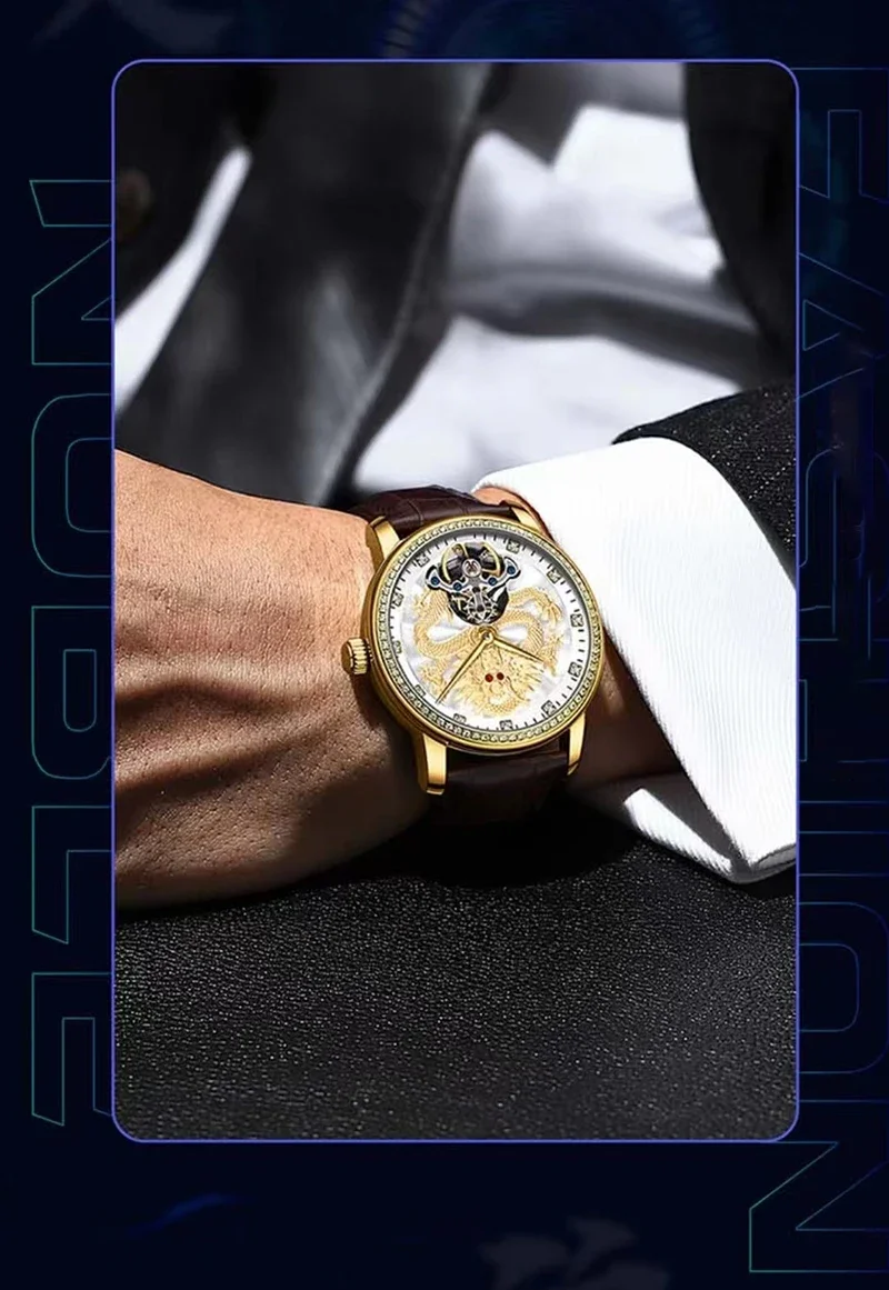 Luxus Herrenuhr Diamant Luxus Top wasserdicht Herren automatische mechanische Uhr hohle Lederuhr – Detail 3