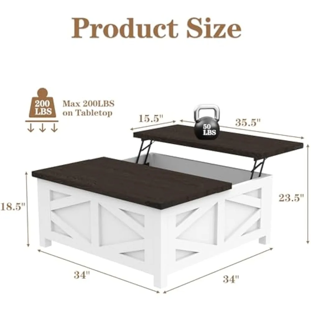 36" Farmhouse Lift Top Coffee Table with Storage, Square Coffee Table with Charging Station, Living Room Center Table 2