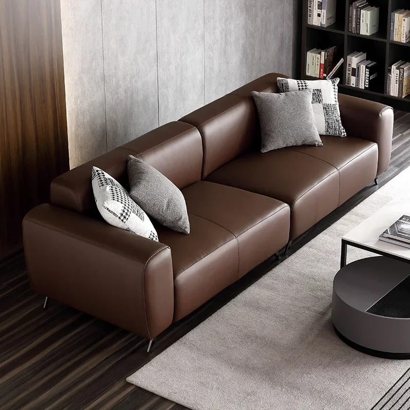 

Italian minimalist leather sofa modern simple small family living room combination Nordic Light luxury straight row three person