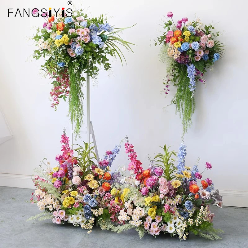 

Colorful Arch Backdrop Decor Hang Flower Row Wedding Table Ground flower arrangement Floral Row Event Party Banquet Props Displa