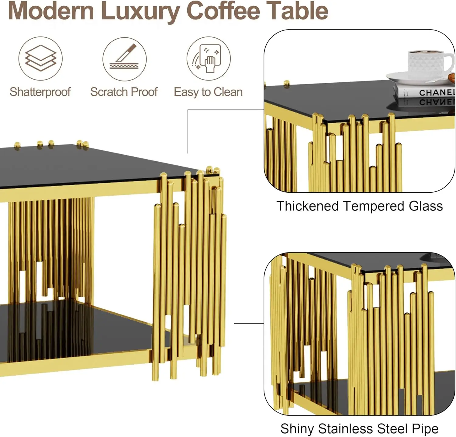 Glass Coffee Table Living Room Table Gold Stainless Steel Metal Leg RectangularTempered Glass Center Table for Home Office 5