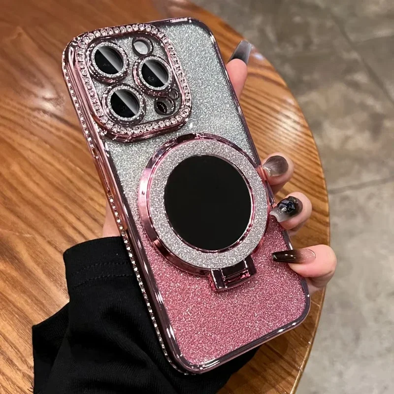 Luxury Diamond Clear Glitter Phone Case with Mirror and Magnetic Holder Stand