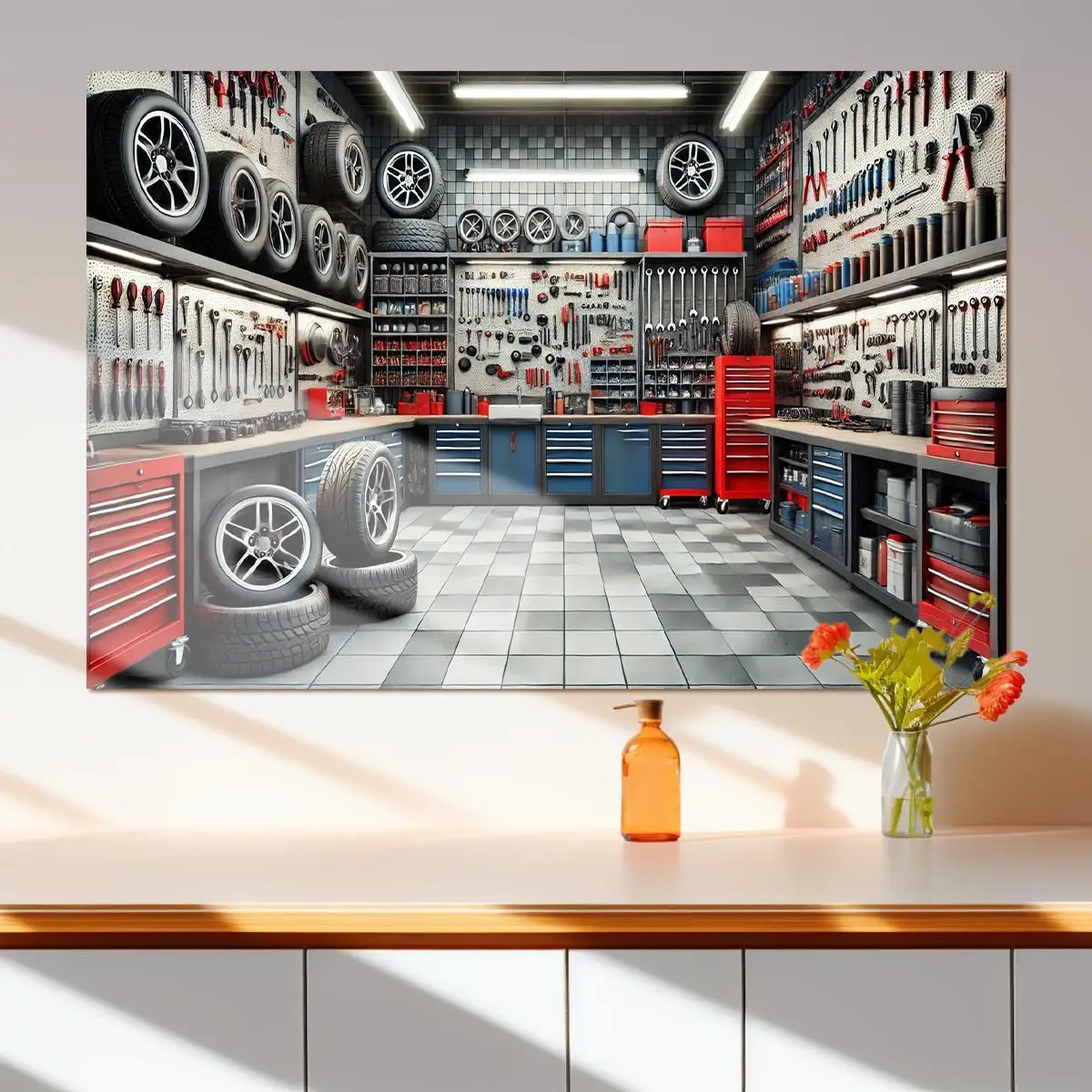 Eine Wanddekoration für Garagenwerkzeuge aus Polyesterfaser, natürlicher und Straßenszenenhintergrund, universelle Festivaldekoration – Detail 7