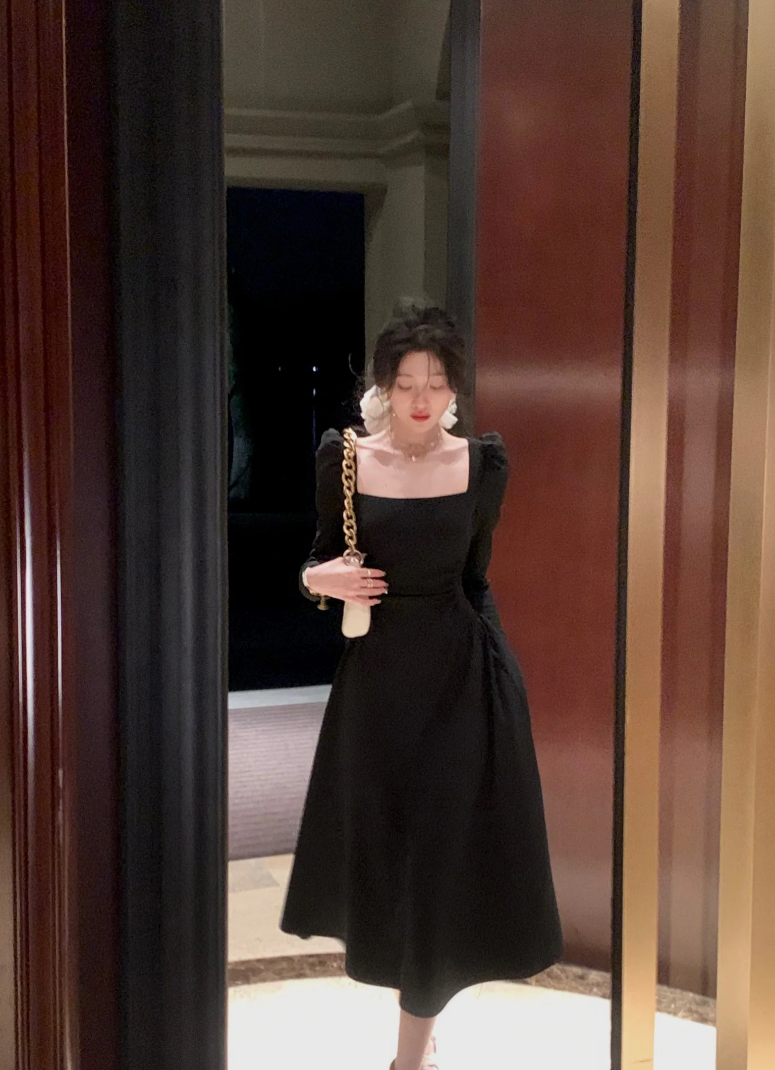 Spring New Elegant Square Collar Midi Party Dresses for Women Long Sleeve Black White Slim Vestidos Female High Waist Clothes