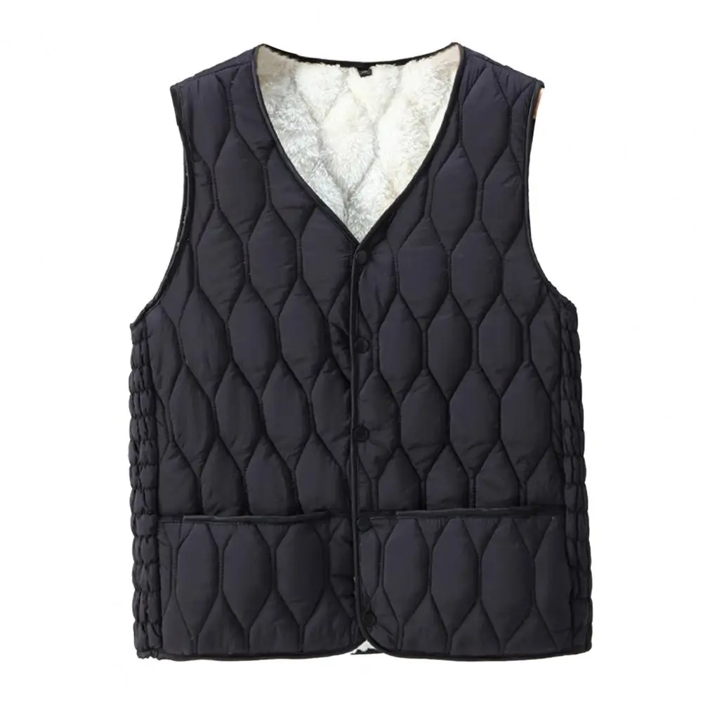 

Polyester Vest Women's Fall Winter Plush Padded V Neck Vest Soft Warm Windproof Waistcoat with Rhombus Texture Sleeveless Solid