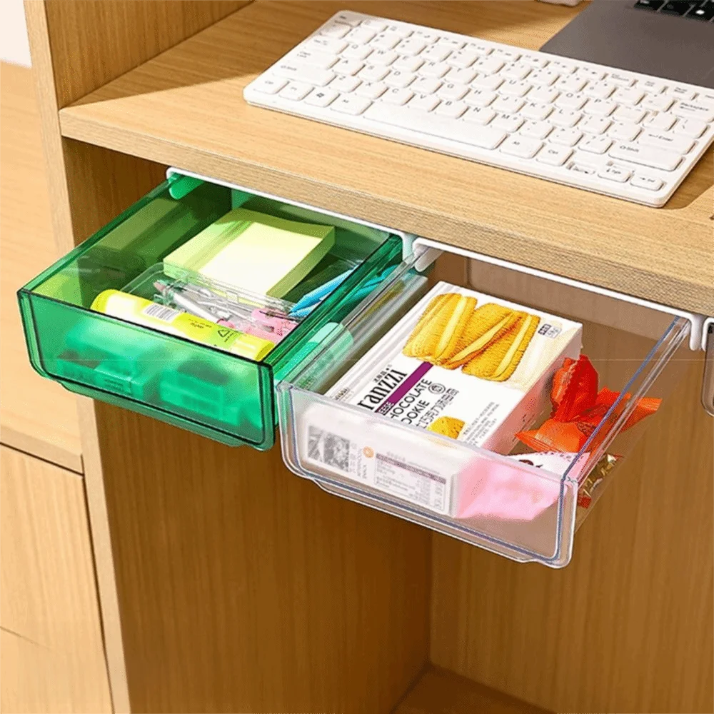 Cassetto Trasparente Sotto Scrivania, Ampio Vano Portaoggetti Estraibile, Organizzatore Salvaspazio Autoadesivo per Forniture da Ufficio - immagine 3