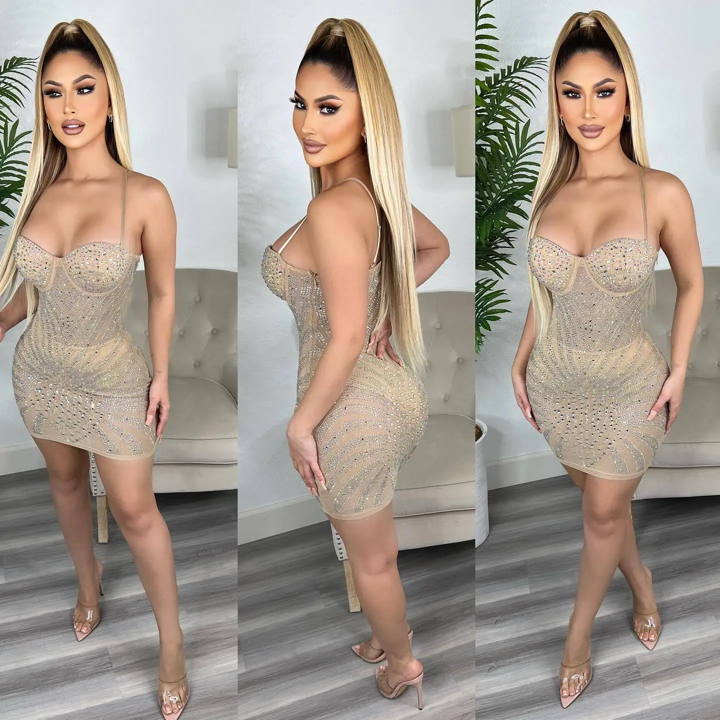 

SKMY Sexy Diamond Dress Spaghetti Strap See-Through Bodycon Dress Solid Color Nightclub Party Outfits For Women 2023 Summer New